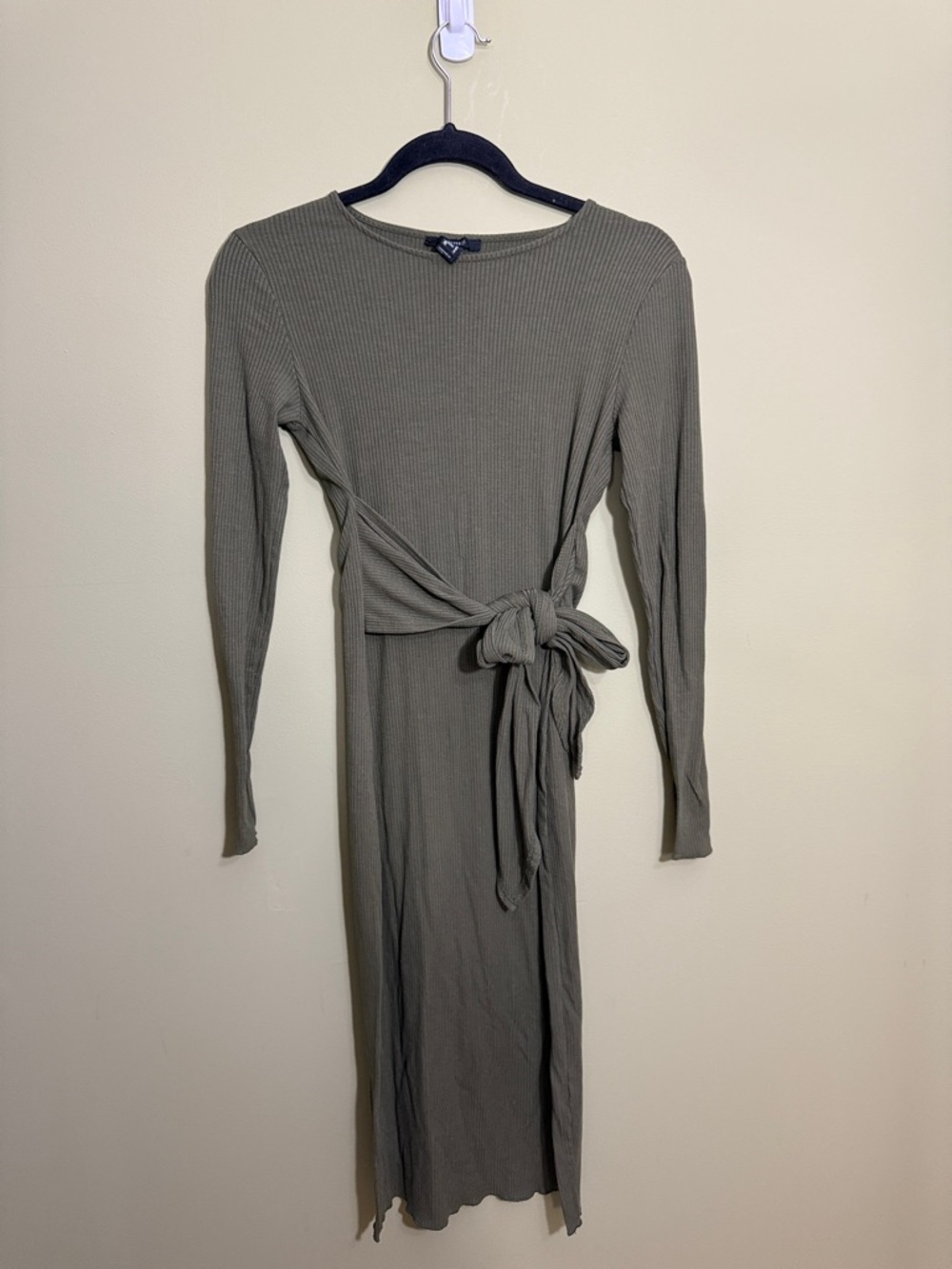 Forever 21 Olive Ribbed Long Sleeve Midi Dress with Tie Waist